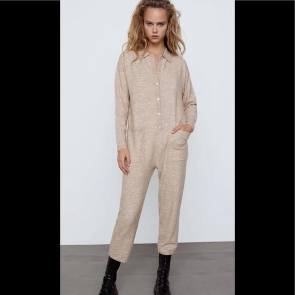 Zara Tan‎ Wool Blend Special Edition Jumpsuit - Size Small Statement Minimalist - Picture 1 of 15